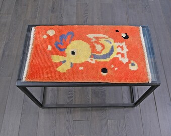 Handmade Wool Gabbeh Rug: Yellow Duck, Red & Blue - 2.0 ft x 1.2 ft