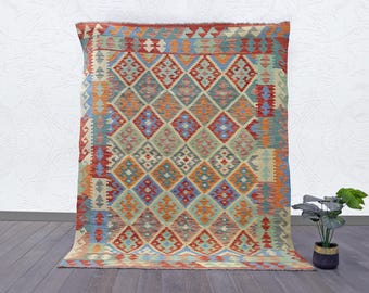 Colorful Wool Kilim Rug: Hand-Woven Tribal Flat-Weave (6'5" × 5'1")