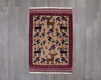Vintage Afghan Baluch Rug: Hand-Knotted Wool Pictorial Design