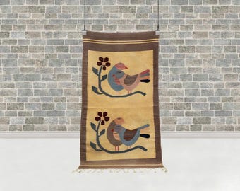 Vintage Bird Flower Kilim Rug | Handwoven Wool Folk Art Runner