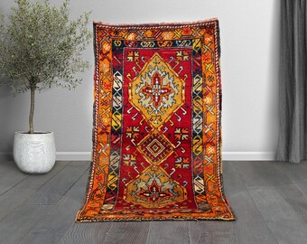 Handmade Wool Tribal Runner Rug | Red Orange Geometric Medallion Decor