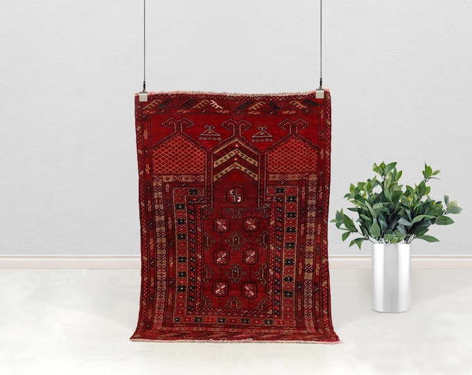 Featured listing image: Vintage Tribal Rug – Madder Red Wool Mihrab, Amulet Design