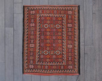 Vintage Shahsavan Sumak Rug: Handwoven Wool Flatweave with Ram's Horn Motif (3'3" x 2'8")