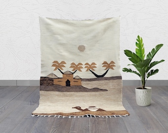 Vintage Moroccan Kilim: Handwoven Wool Pictorial Rug, Oasis Scene