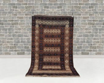 Vintage Baluch Tribal Rug 145 x 86 cm (4.8 x 2.8 ft) | Hand-Knotted Wool Brown Camel Mihrab Design Carpet