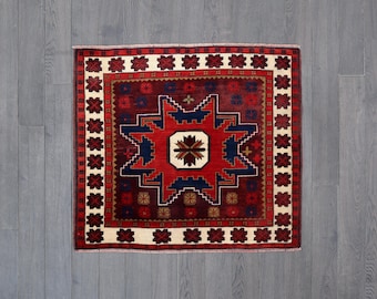Handwoven Wool Square Rug | Red Medallion Kazak, Tribal Accent