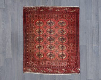 Vintage Turkoman Rug: Hand-Knotted Wool Tribal Carpet, Red Guls, 4.6 x 3.9 ft