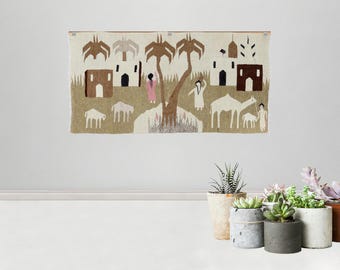 Handwoven Pictorial Kilim | Folk Art Village Scene (157x79 cm) | Wall Hanging