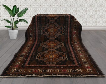 Baluch Vintage Rug: Hand-Knotted Wool with Five-Gul Medallions