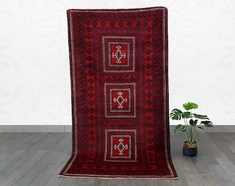 Handmade Turkoman Wool Rug: Red Afghan Hallway Runner, Tribal Decor