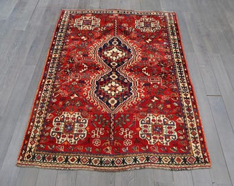 Handmade Turkish Medallion Rug: Red Wool, Tribal Geometric Design, Vintage