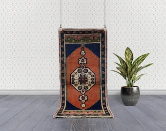 Yahyali Vintage Rug Runner: Hand-Knotted Wool Medallion, Rust & Navy