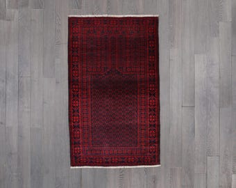 Hand-Knotted Baluch Prayer Rug: Red & Midnight Blue Wool, Boteh Design