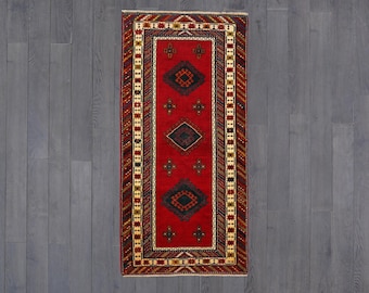 Handwoven Oriental Rug: Geometric Wool Vintage Rug (6.8 x 3.3 ft)