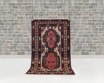 Vintage Caucasian Double Medallion Tribal Rug | 84 cm X 143 cm | Hand-Knotted Wool Geometric Red & Ivory Area Carpet