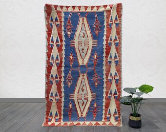 Vintage Anatolian Kilim Rug: Handwoven Red Indigo Wool Flatweave