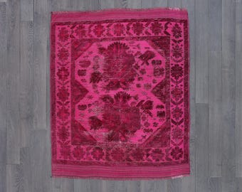 Fuchsia Overdyed Oushak Rug: Distressed Wool, Small Square Accent (4'8" x 4'4")