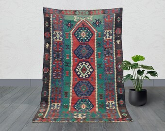 Handwoven Caucasian Kilim Rug: Green & Red Tribal Medallions, 5'2" x 3'6"