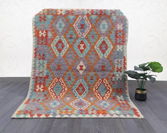 Colorful Wool Kilim Rug: Handwoven Tribal Diamond Medallion, 5'8" x 4'4"