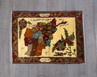 Afghanistan Map Rug: Hand-Knotted Wool War Rug, Collectible Tribal Art