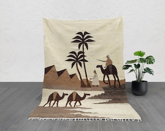 Vintage Egyptian Kilim: Desert Caravan Wool Tapestry, Neutral Earth Tones
