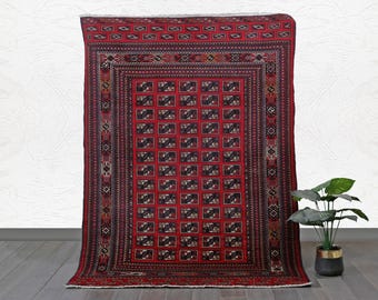 Hand-Knotted Bokhara Wool Rug (5.1 x 4.1 ft) | Red Elephant Foot Afghan Carpet