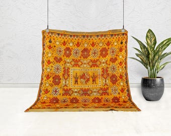 Anatolian Village Rug, Square Folk Art Wool Sofra Rug (4'0" x 4'2")