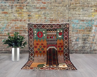 Vintage Afghan Minaret Rug: Hand-Knotted Wool Pictorial Wall Art