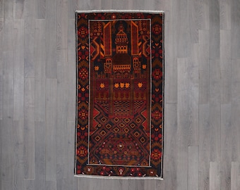 Vintage Afghan Baluch Prayer Rug: Hand-Knotted Wool Mosque Design