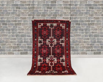 Vintage Baluch Tribal Rug 146x85 cm | Hand-Knotted Wool Carpet | Geometric Medallion Design | Natural Dyes Red & Ivory Accent