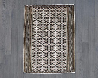 Balochi Wool Rug | Vintage Tribal Geometric Carpet, Natural Dyes