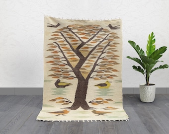 Vintage Turkish Kilim Rug – Tree of Life and Birds, Wool Flatweave
