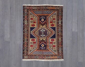 Authentic Tribal Handwoven Rug - Rich Blue and Red Wool Carpet with Traditional Geometric Patterns