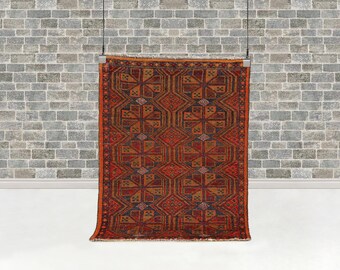 Vintage Baluch Tribal Rug 107 x 83 cm (3.5 x 2.7 ft) | Hand-Knotted Wool Geometric Orange & Rust Accent Carpet