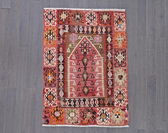 Vintage Turkish Prayer Kilim | Handwoven Wool Rug, Geometric Design