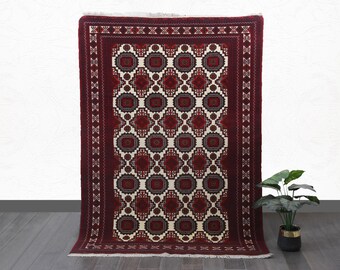 Handmade Turkoman Bokhara Wool Rug – 5x4 ft Red & Ivory Vintage Carpet