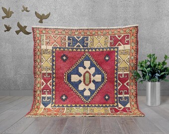 Vintage Tribal Geometric Wool Rug 97 x 104 cm | Hand Knotted Caucasus Style Accent Rug | Red Blue Medallion Small Area Rug