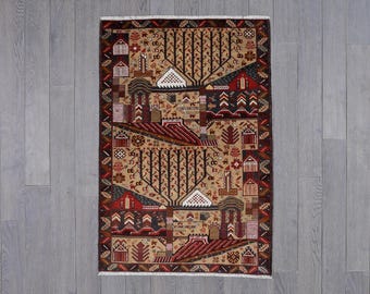 Vibrant Folk Art Rug - Handwoven Wool with Rustic Village Designs