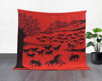 Red & Black Horse Kilim Tapestry: Handwoven Wool Tribal Art (4'6" × 3'1")