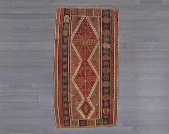 Handmade Wool Kilim Rug, Traditional Anatolian Geometric Design [201 x 110 cm]