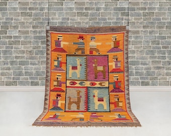 Handmade Peruvian Andean Folk Art Llama Rug, Vintage Pictorial Dancer Textile, Orange Tribal Wall Hanging (4.9 x 4.2 ft)