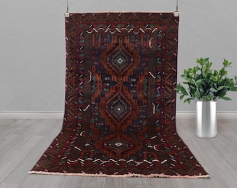 Baluch Vintage Rug: Hand-Knotted Wool, Tribal Medallion Design (6'4" x 3'10.5")