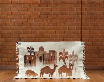 Handwoven Wool Rug | Camel Caravan Desert Scene, Flatweave Wall Art