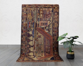 Vintage Baluch Cityscape Rug: Hand-Knotted Afghan Wool, Tribal Motif (4.8x2.9 ft