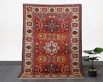 Vintage Caucasian Kazak Rug (2.4 x 3.8 ft) | Hand-Knotted Wool, Tribal Medallions