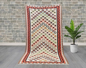 Anatolian Kilim Rug: Handwoven Wool Chevron Diamonds Boho Runner