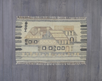 Vintage Turkish Kilim: Handwoven Wool Village Scene Tapestry