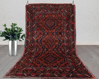 Vintage Baluch Tribal Rug – Hand-Knotted Wool, Red & Indigo Medallions