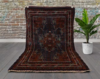 Vintage Afghan Rug: Hand-Knotted Wool, Indigo & Rust Medallion, Boho Tribal Decor