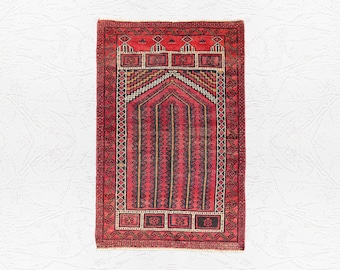 Vintage Hand-Knotted Wool Rug 153x96 cm | Deep Red Mihrab Tribal Rug | Boho Bedroom Rug, Entryway Statement